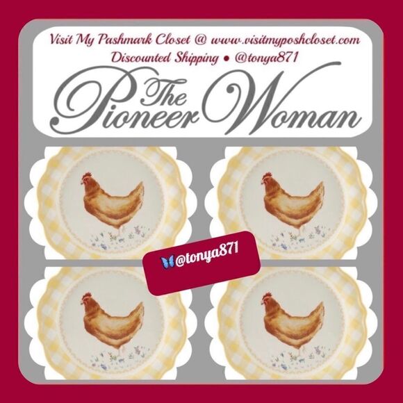 🦋 New Pioneer Woman Novelty Hen Appetizers 7"d Yellow Gingham Plates, Set of 4 - Picture 1 of 7